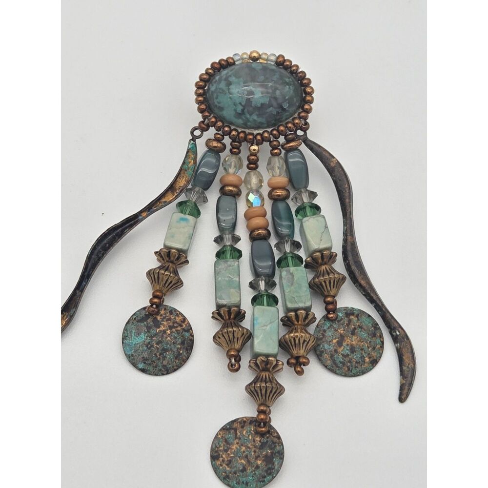 Artisan Beaded Clip On Earrings Turquoise Verdigris Dangle Statement 3.25 in - Picture 2 of 5